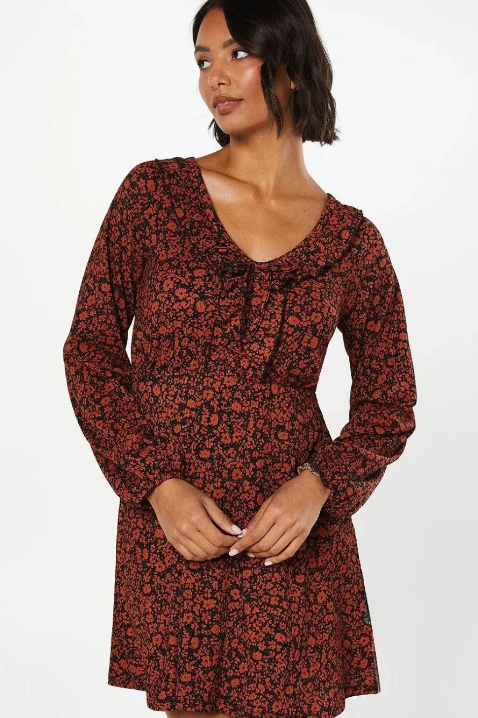 Burgundy Ditsy Frill Front V Neck Mini Dress