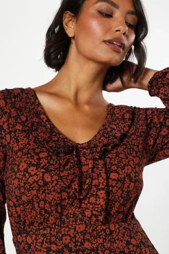 Burgundy Ditsy Frill Front V Neck Mini Dress