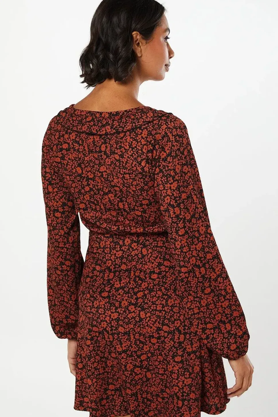 Burgundy Ditsy Frill Front V Neck Mini Dress