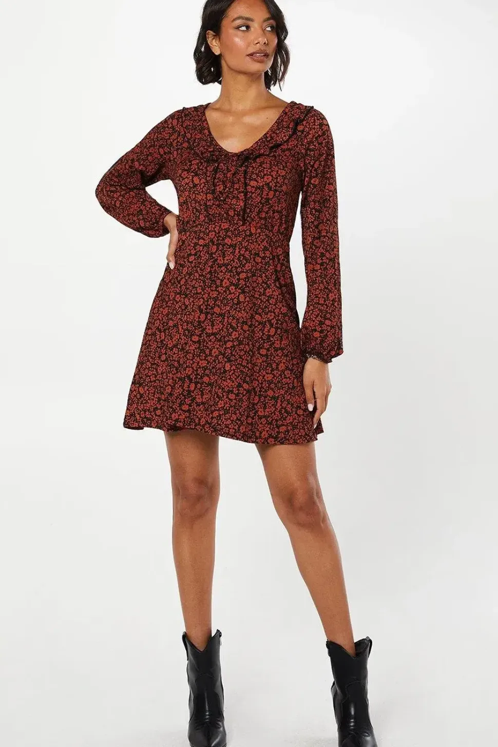Burgundy Ditsy Frill Front V Neck Mini Dress