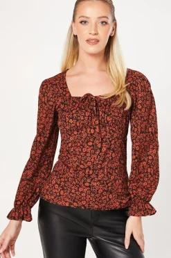 Burgundy Ditsy Tie Front Long Sleeve Top