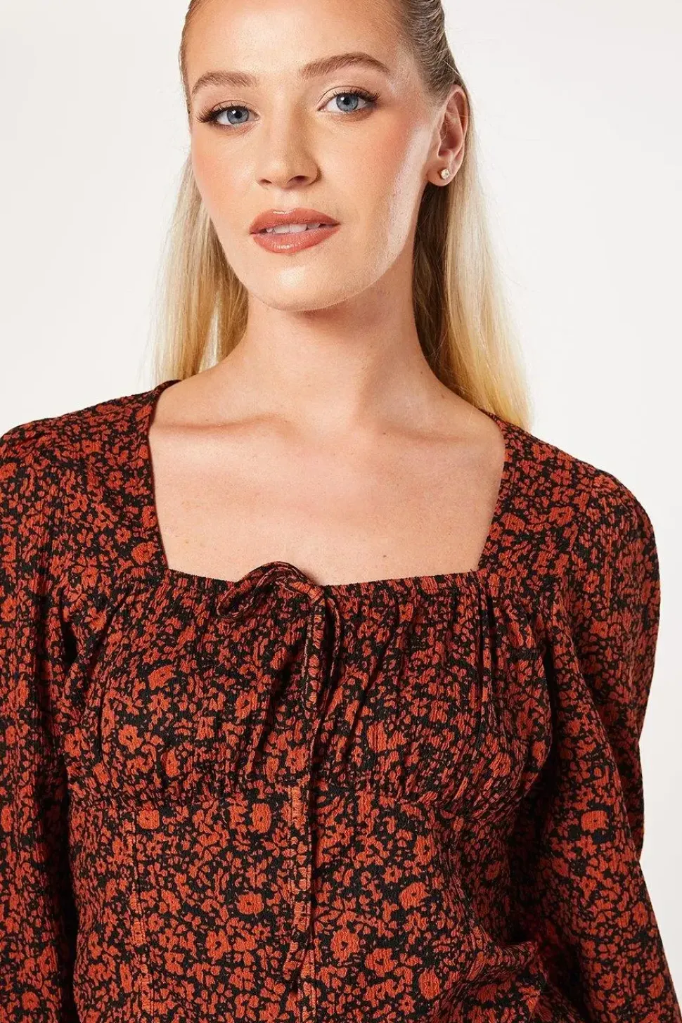 Burgundy Ditsy Tie Front Long Sleeve Top