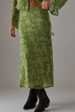 Burnout Chiffon Bias Tie Side Midi Skirt