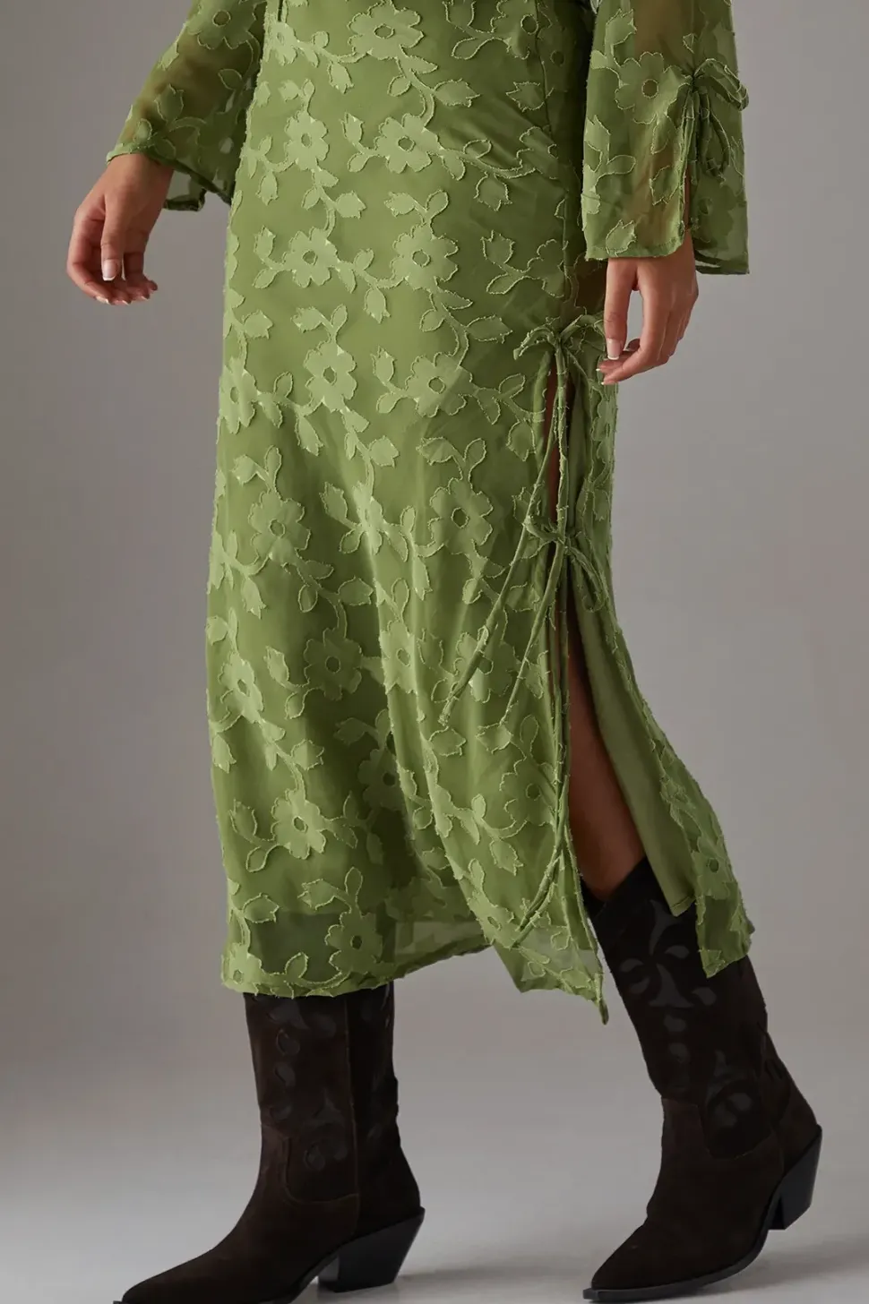 Burnout Chiffon Bias Tie Side Midi Skirt