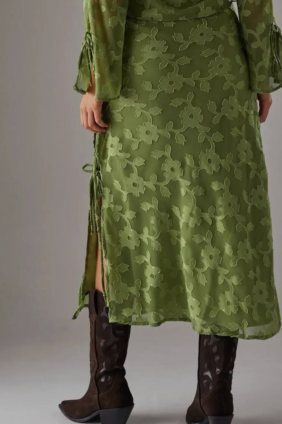 Burnout Chiffon Bias Tie Side Midi Skirt