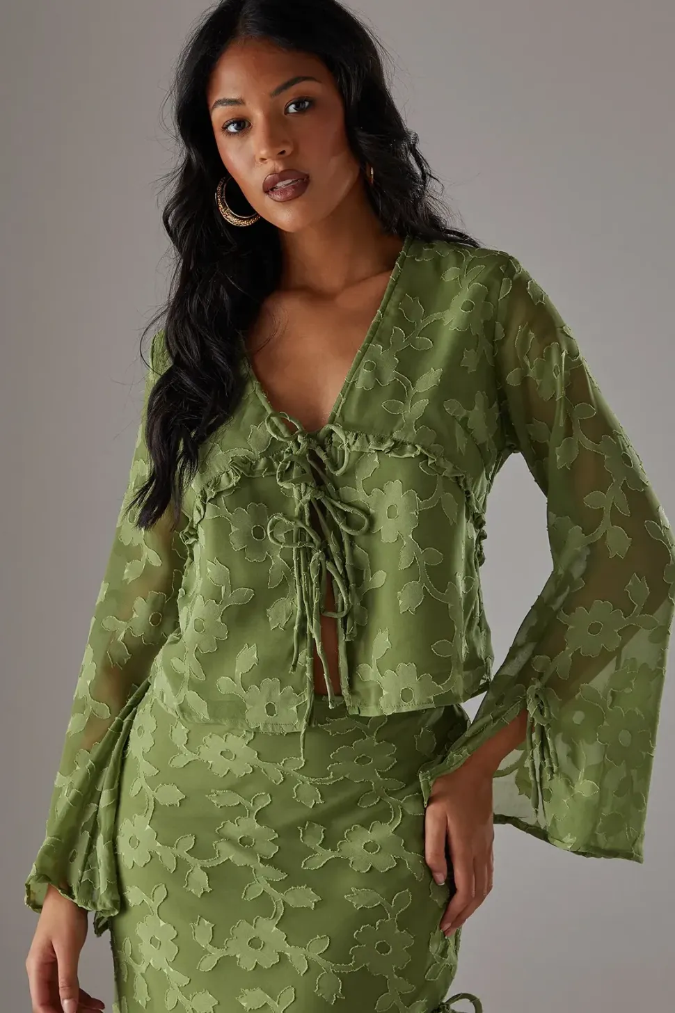 Burnout Chiffon Ruffle Tie Front Blouse Co-ord
