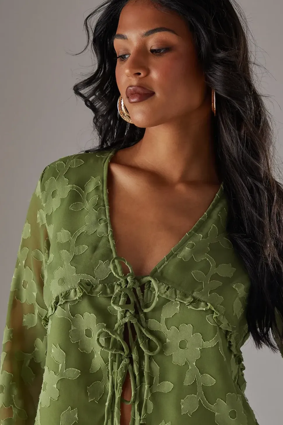 Burnout Chiffon Ruffle Tie Front Blouse Co-ord