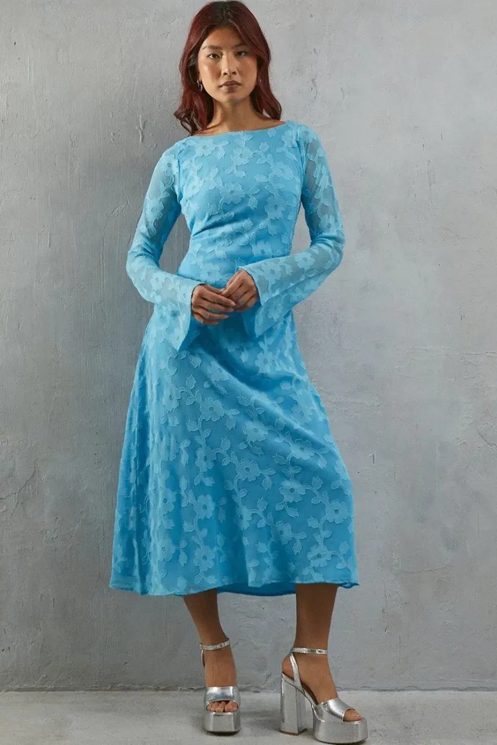 Burnout Chiffon Slash Neck Flutter Sleeve Bias Midi Dress