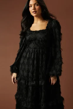 Burnout Chiffon Tie Detail Ruffle Tiered Midi Dress