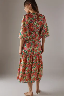 Burnout Floral Chiffon Plunge Neck Ruched Bodice Midi Dress