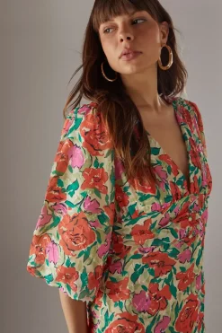 Burnout Floral Chiffon Plunge Neck Ruched Bodice Midi Dress