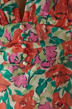 Burnout Floral Chiffon Plunge Neck Ruched Bodice Midi Dress