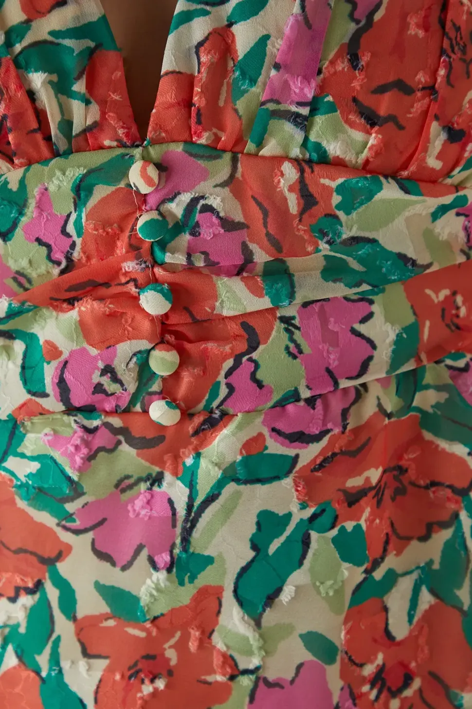 Burnout Floral Chiffon Plunge Neck Ruched Bodice Midi Dress