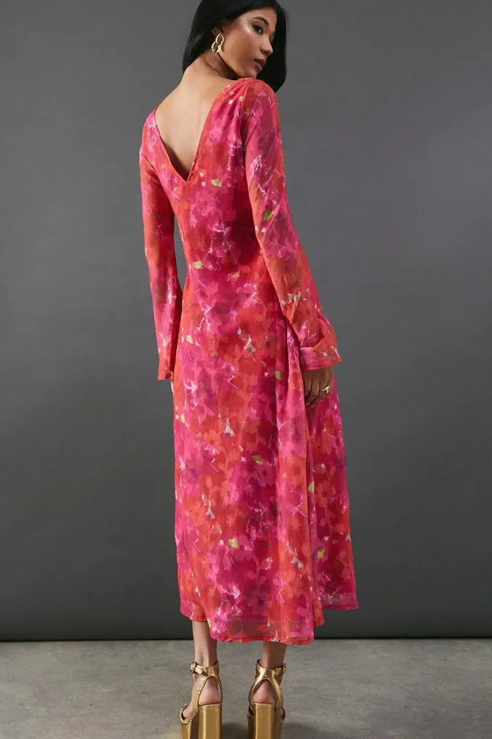 Burnout Floral Chiffon Slash Neck Bias Midi Dress