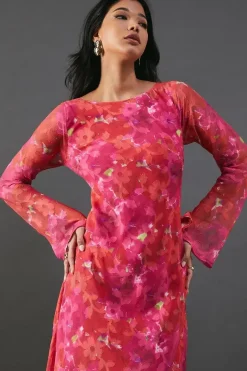 Burnout Floral Chiffon Slash Neck Bias Midi Dress