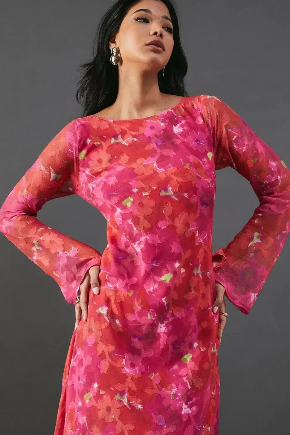 Burnout Floral Chiffon Slash Neck Bias Midi Dress