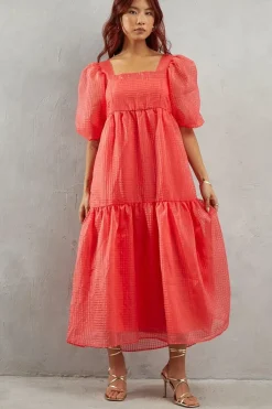 Burnout Gingham Organza Square Neck Midaxi Dress