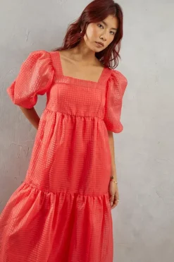 Burnout Gingham Organza Square Neck Midaxi Dress