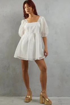 Burnout Gingham Organza Square Neck Mini Smock Dress