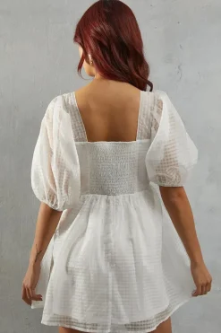 Burnout Gingham Organza Square Neck Mini Smock Dress