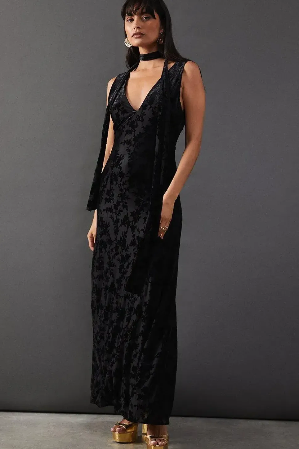 Burnout Jacquard Tie Neck Plunge Maxi Dress