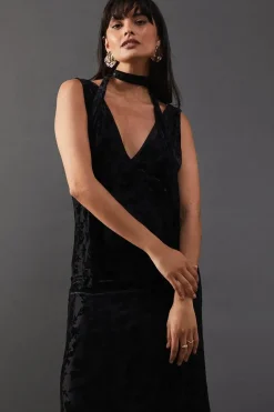 Burnout Jacquard Tie Neck Plunge Maxi Dress
