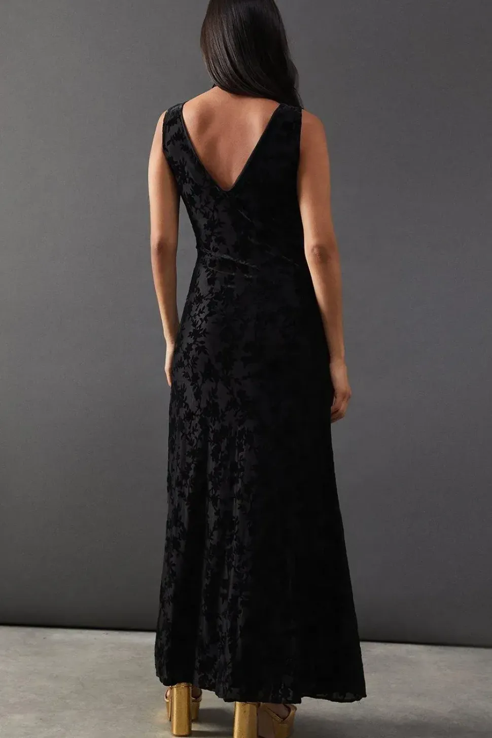 Burnout Jacquard Tie Neck Plunge Maxi Dress