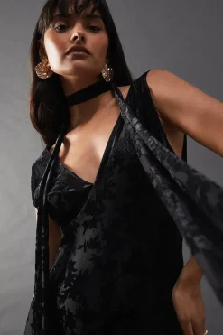 Burnout Jacquard Tie Neck Plunge Maxi Dress