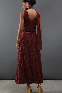 Burnout Jacquard Tie Neck Plunge Maxi Dress