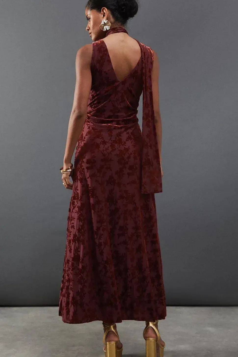 Burnout Jacquard Tie Neck Plunge Maxi Dress