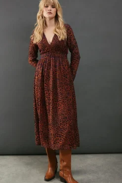 Burnout Leopard Velvet Plunge Neck Waisted Midi Dress
