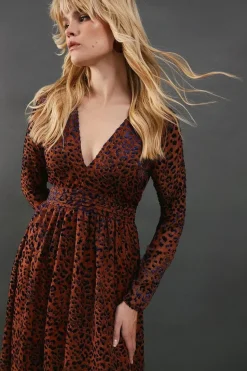 Burnout Leopard Velvet Plunge Neck Waisted Midi Dress