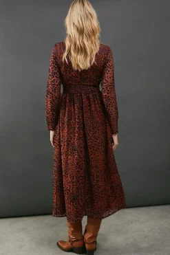 Burnout Leopard Velvet Plunge Neck Waisted Midi Dress