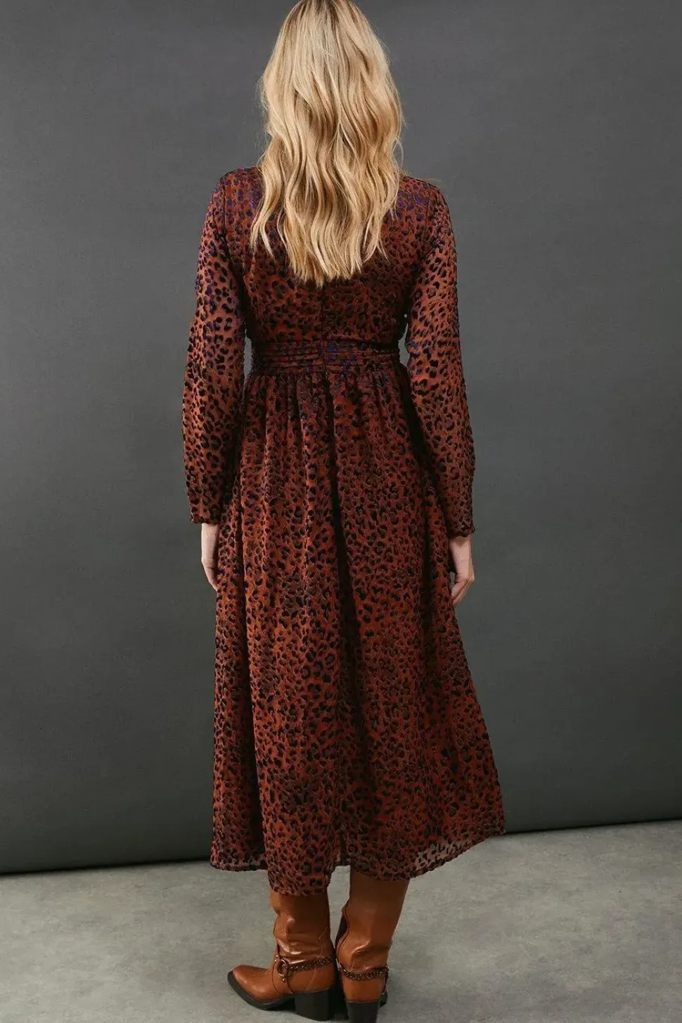 Burnout Leopard Velvet Plunge Neck Waisted Midi Dress