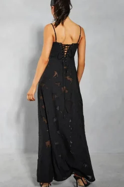 Burn Out Ruched Bust Lace Up Back Bandeau Maxi Dress
