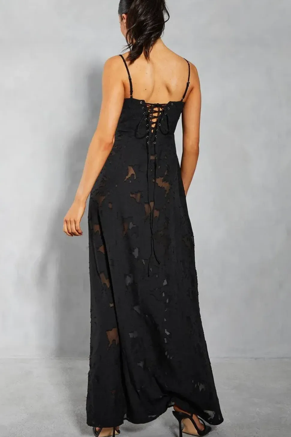 Burn Out Ruched Bust Lace Up Back Bandeau Maxi Dress