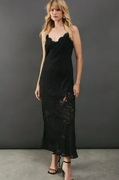 Burnout Strappy Lace Insert Cami Slip Midi Dress