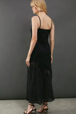 Burnout Strappy Lace Insert Cami Slip Midi Dress
