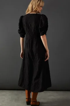 Burnout Stripe Plunge Neck Volume Sleeve Midi Dress
