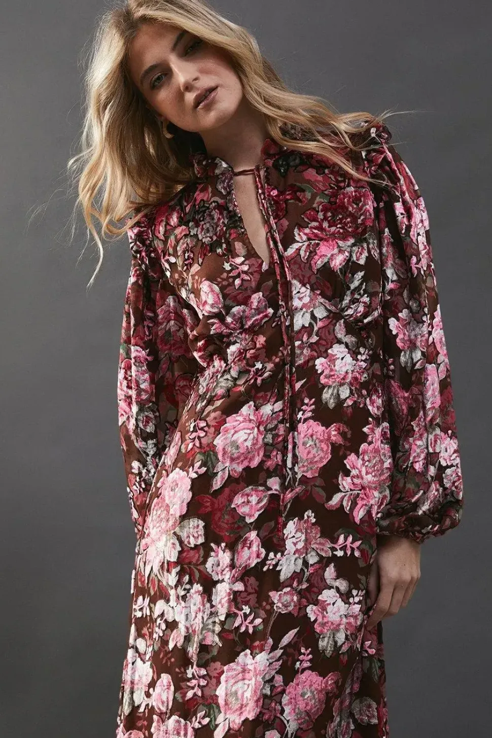 Burnout Velvet Balloon Sleeve Empire Seam Midi Dress