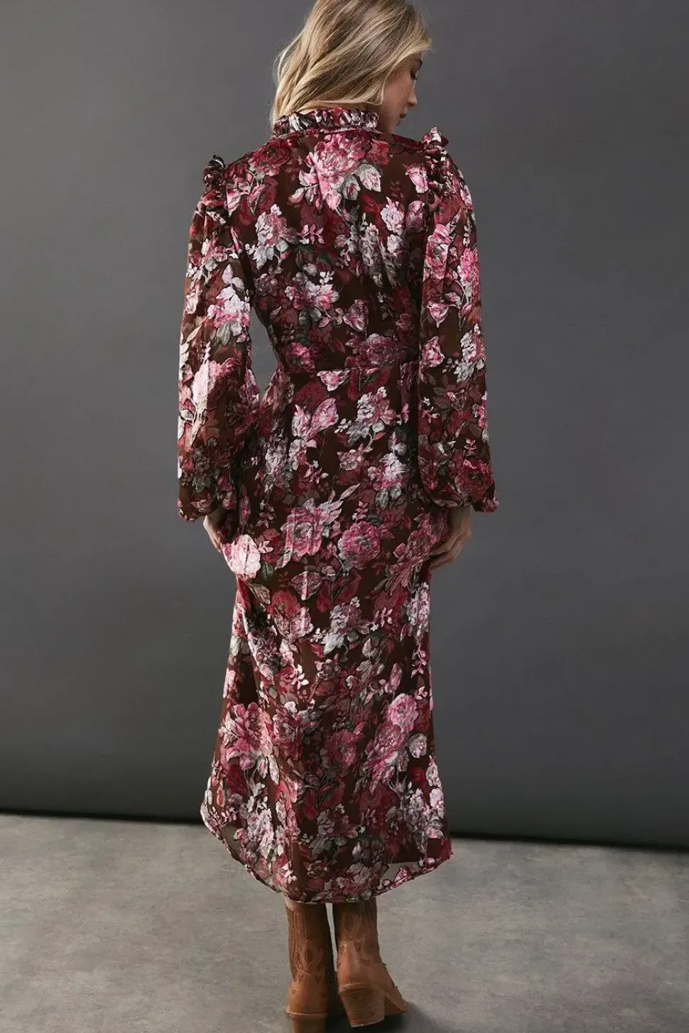 Burnout Velvet Balloon Sleeve Empire Seam Midi Dress
