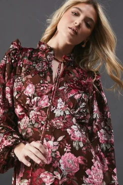 Burnout Velvet Balloon Sleeve Empire Seam Midi Dress