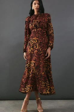 Burnout Velvet Balloon Sleeve Empire Seam Midi Dress