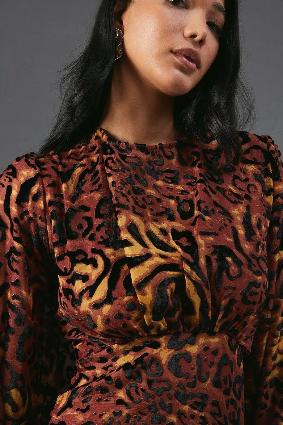 Burnout Velvet Balloon Sleeve Empire Seam Midi Dress