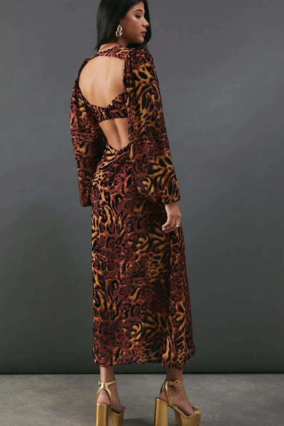 Burnout Velvet Balloon Sleeve Empire Seam Midi Dress