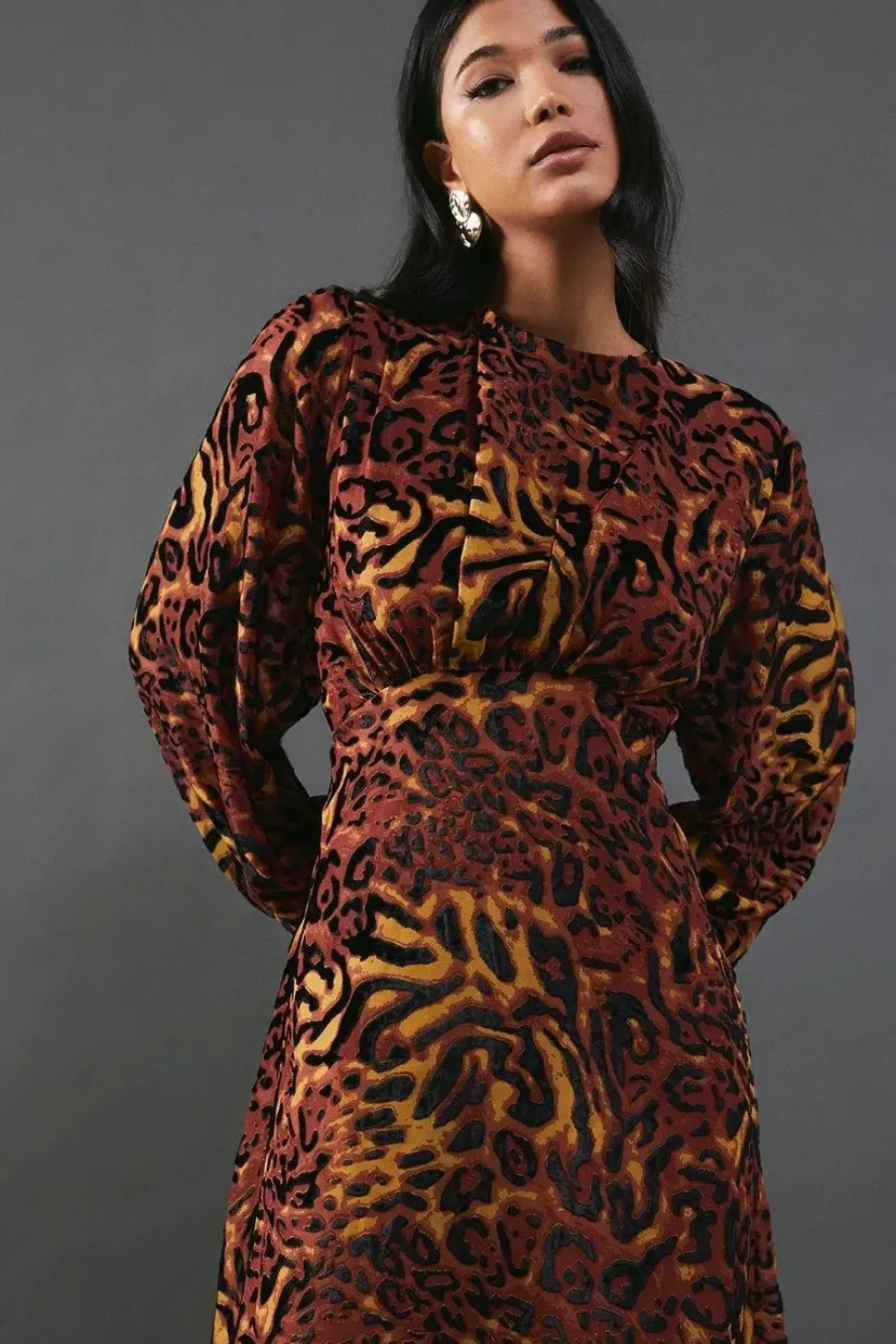 Burnout Velvet Balloon Sleeve Empire Seam Midi Dress