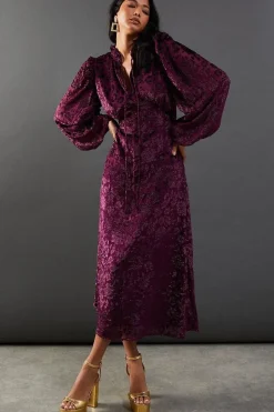 Burnout Velvet Frill Shoulder Tie Front Midi Dress