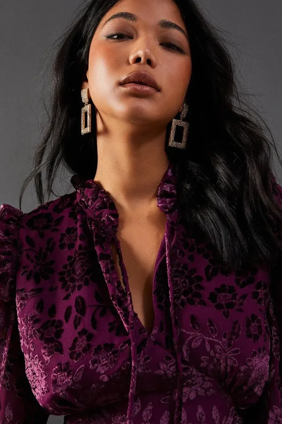 Burnout Velvet Frill Shoulder Tie Front Midi Dress