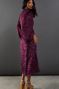 Burnout Velvet Frill Shoulder Tie Front Midi Dress