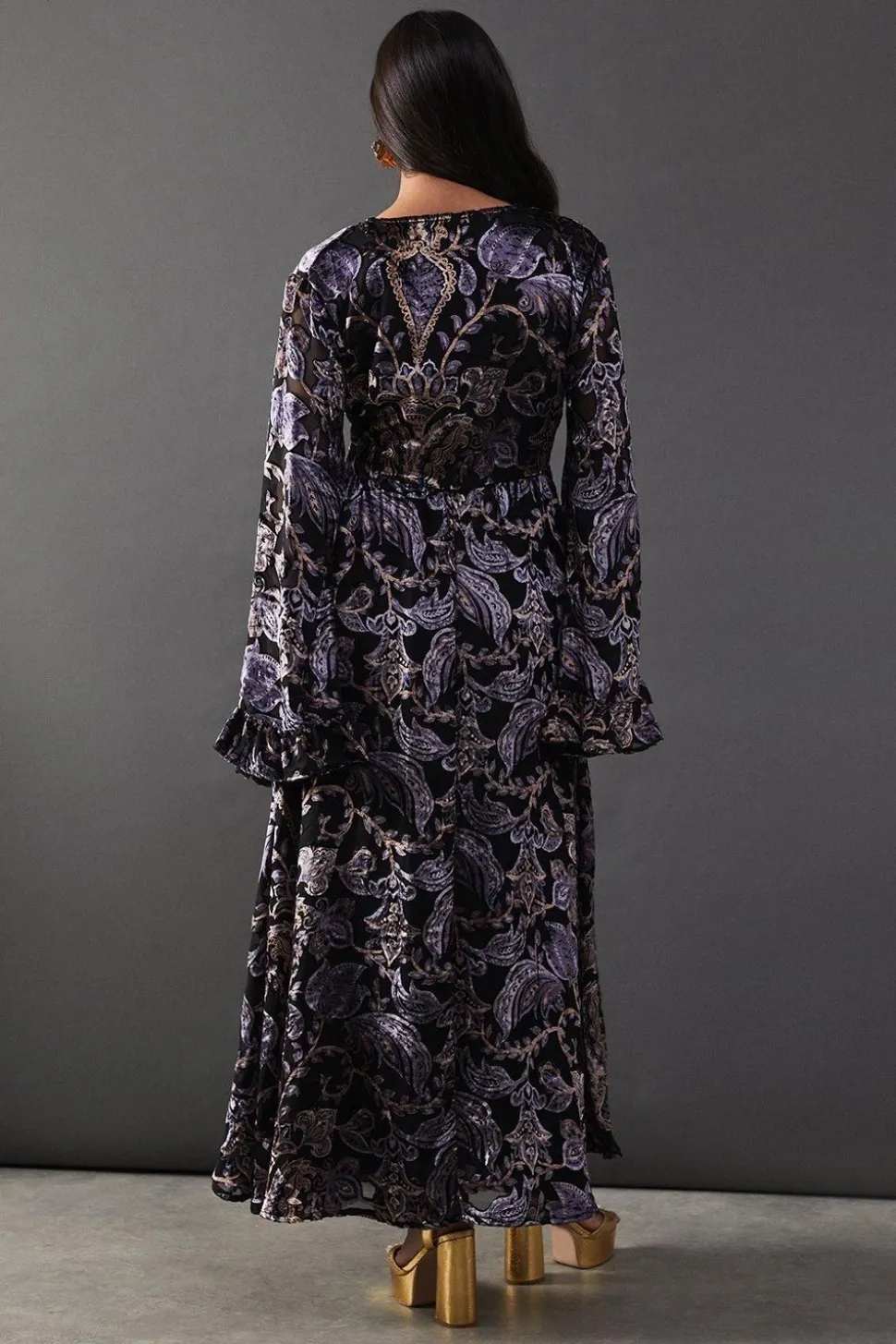 Burnout Velvet Plunge Neck Flared Sleeve Belted Maxi Dress